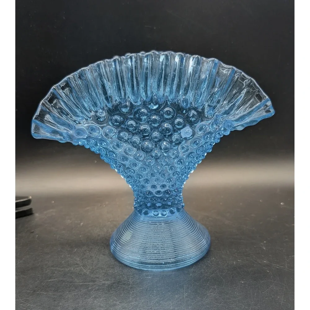 Vintage Empoli Italian Blue Hobnail Glass Fan Vase Ruffled Rim Pedestal 7